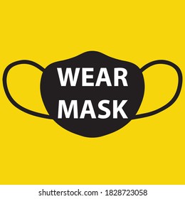 Social distancing concept for preventing coronavirus covid-19 with wording ware mask on yellow background. warning or caution sign. 