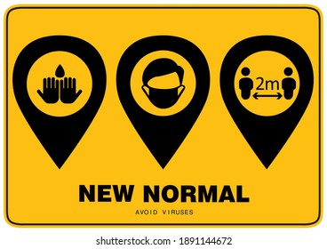 Social distancing concept for preventing coronavirus covid-19 with white pointer location icon and wording new normal and avoid viruses on yellow background. vector illustration.