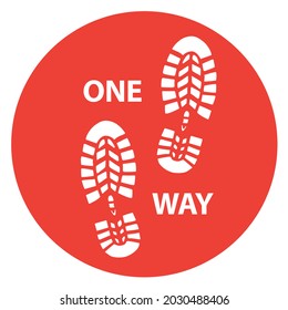 Social distancing concept for preventing coronavirus covid-19 with footprint walk in one way on red circle  background