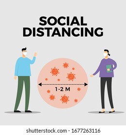 Social distancing concept for prevention novel corona virus spread. Men and women communicate in a distance. Vector Illustration.