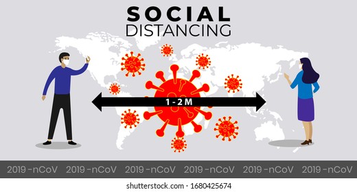 Social distancing concept for prevention novel corona virus spread. Men and women communicate in a distance. Vector Illustration.