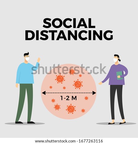 Social distancing concept for prevention novel corona virus spread. Men and women communicate in a distance. Vector Illustration.