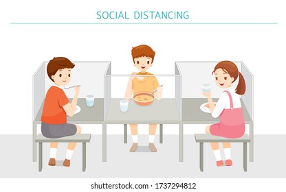 Social Distancing Concept, School Cafeteria New style For Protection From Covid-19, Coronavirus Disease, Children Eating Food At School, Educational, Instruction, Sanitary, Healthcare, Safety