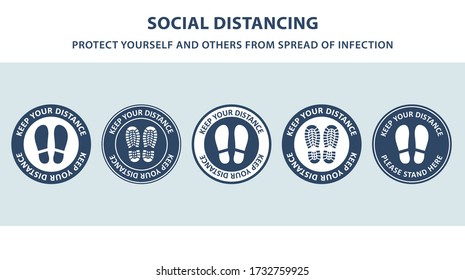 Social distancing concept set of vector of footprint sign red color with text keep your distance for print floor. Protection from Covid-19, Coronavirus spreading illustration, sign and stickers