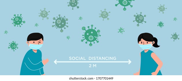Social distancing concept. Stop Corona virus. Man and woman are greeting with keep distance from 2 meters away to protect from COVID-19 outbreak spreading concept. Flat design.