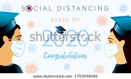 Social distancing concept with students 2020 graduates in medical mask. Class off graduation vector illustration with academic cap and text on blue viruses cell background