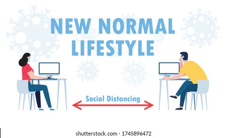 Social distancing concept of Teamwork of business office people maintain New normal lifestyle at job working. Stop covid-19 coronavirus isolated on white background vector illustration