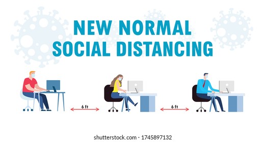 Social distancing concept of Teamwork of business office people maintain New normal lifestyle at job working. Stop covid-19 coronavirus isolated on white background vector illustration