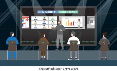 Social Distancing concept. Technology presentation meeting in conference hall. People sitting apart and listen to the speaker. Vector Illustration flat style minimal idea.