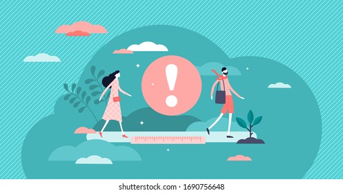 Social distancing concept, tiny persons vector illustration. Managing safe distance between people in public spaces and virus infection health risk caution symbol sign. Corona virus COVID-19 pandemic.