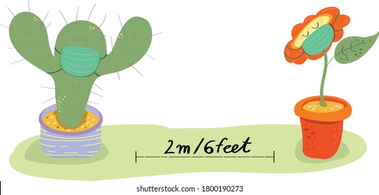 Social distancing concept. Two flowers standing far apart. Keep distance of 2 meter or 6 feet. Coronavirus Prevention covid-19. Vector illustration design.