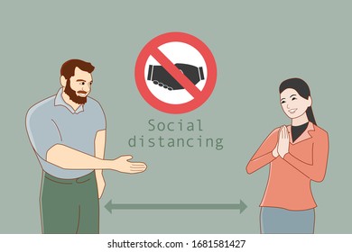 Social distancing concept. two people are greetings. vector illustration.