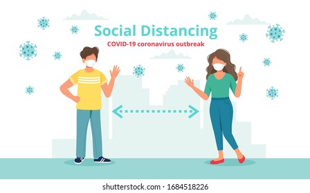 Concepto de distanciamiento social con dos personas a distancia saludándose. Ilustración del vector en estilo plano