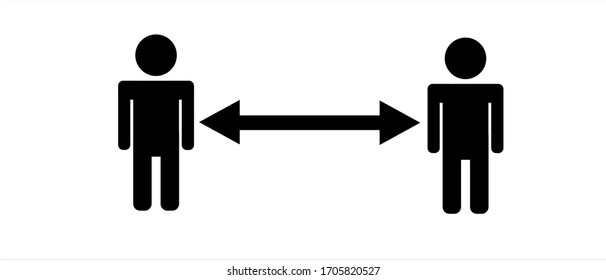 Social distancing concept: Two people black and white icon vector with arrow separating people for public health and safety during Coronavirus (COVID-19), global pandemic.  