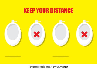 Social Distancing Concept , Urinal For Social Distancing. Covid 19 Poster For Washroom And Toilet. People Are Maintain Social Distancing In Office Toilet. Vector , Illustrator.