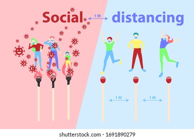 Concepto de distanciamiento social usando palos de combate quemados como metáfora para contener el concepto de brote de Covid-19