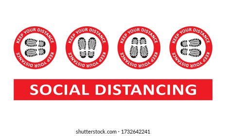 Social distancing concept. Vector of footprint sign red color with text keep your distance for print floor. Protection from Covid-19, Coronavirus outbreak spreading illustration, sign and sticker