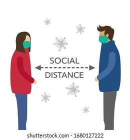 Ilustración vectorial del concepto de distanciamiento social sobre fondo blanco. Hombre y mujer mantienen la distancia en público para prevenir la propagación del brote del Coronavirus Covid-19. 
