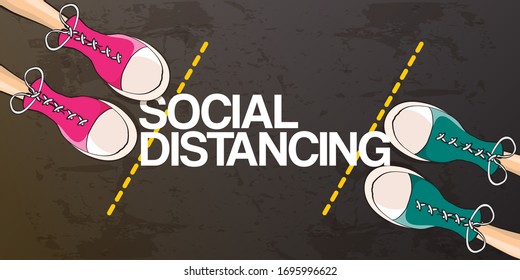 Social distancing concept vector illustration with two young teenager standing in front of each other in sneakers on the road. Keep safe distanse conceptual anti coronavirus image