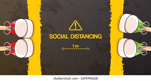 Social distancing concept vector illustration with two young teenager standing in front of each other in sneakers on the road. Keep safe distanse conceptual anti coronavirus image