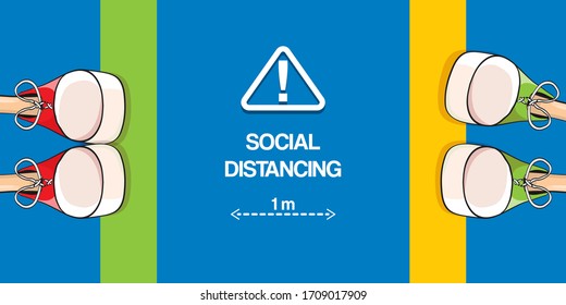 Social distancing concept vector illustration with two young teenager standing in front of each other in sneakers on the road. Keep safe distanse conceptual anti coronavirus image