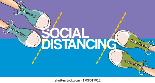 Social distancing concept vector illustration with two young teenager standing in front of each other in sneakers on the road. Keep safe distanse conceptual anti coronavirus image