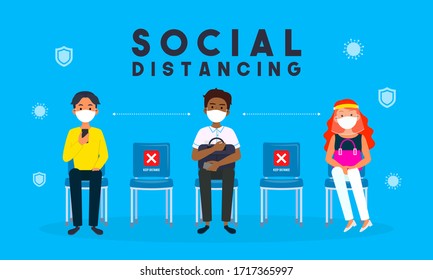 Social distancing concept vector illustration. People wearing masks sit on chairs and keep distance between each other in public for protection from COVID-19