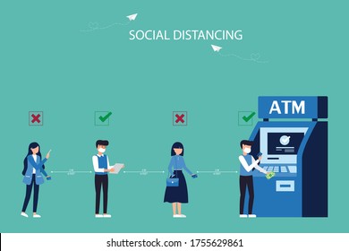 Social distancing concept, Vector illustration of Man and Woman wearing face mask maintain social distancing with keep distance 2 meters and Queuing in line for payment or press money at machine atm