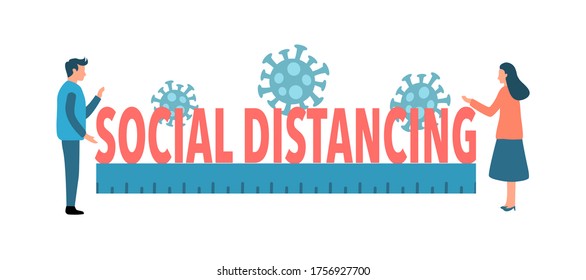Ilustración vectorial de concepto de distanciamiento social. El hombre y la mujer están de pie para prevenir la enfermedad del Coronavirus Covid-19. Idea para brote de coronavirus, prevención y sensibilización.