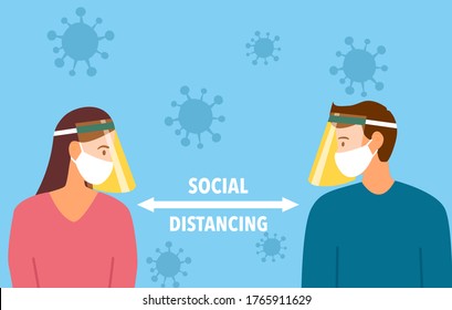 Social distancing concept vector illustration. Man and woman wearing medical masks and face shield and keeping away to prevent Covid-19 Coronavirus disease. Idea for Coronavirus prevention.