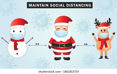 Social Distancing Concept Vector Illustration. Santa Claus With Mask. Santa Claus, Reindeer and Snow Man. Coronavirus Vector.