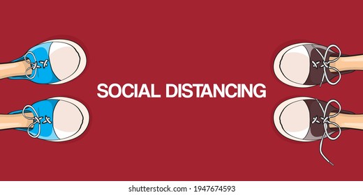 Social distancing concept vector illustration with two young teenager standing in front of each other in sneakers on the road. Keep safe distanse conceptual anti coronavirus image