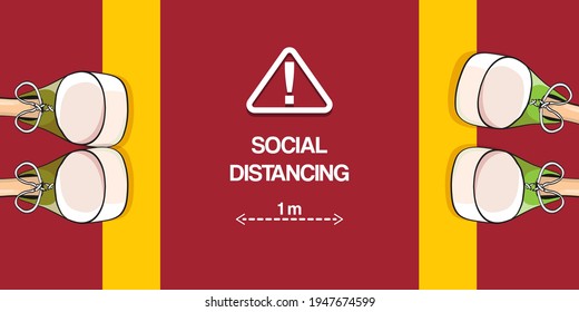 Social distancing concept vector illustration with two young teenager standing in front of each other in sneakers on the road. Keep safe distanse conceptual anti coronavirus image