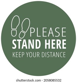 Social distancing concept with white wording stand here and foot print on green circle background