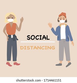 Social distancing concept - Women and men stood apart to greet each other to prevent the spread of the Covid-19 virus. Vector illustration in a flat style.