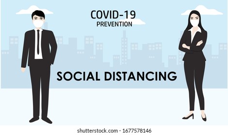 Social distancing concept working people keep distance 6 feet (2 meters) to prevent from COVID-19 coronavirus disease vector illustration
