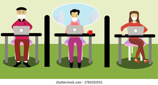 Social distancing concept. Workplace in the new normal after covid, Office is new normal. People wear masks all the time. Flat vector illustration.