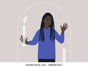 Social distancing concept, a young female worried Black character leaning on the glass dome wall, depression and mental health issues