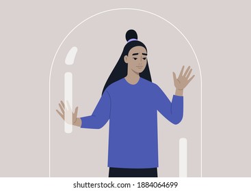 Social distancing concept, a young female worried Asian character leaning on the glass dome wall, depression and mental health issues
