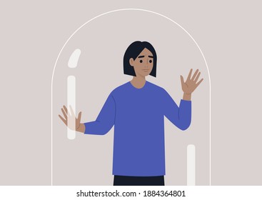 Social distancing concept, a young female worried character leaning on the glass dome wall, depression and mental health issues