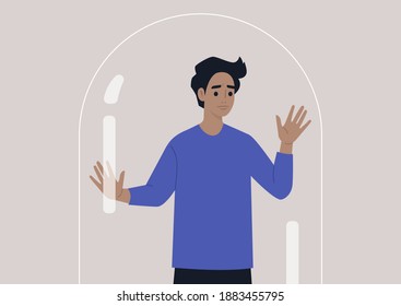 Social distancing concept, a young male worried character leaning on the glass dome wall, depression and mental health issues