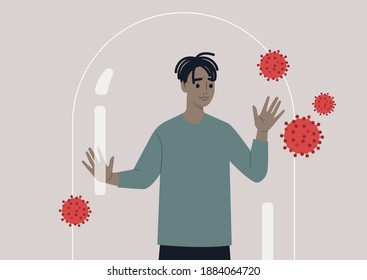 Social distancing concept, a young male worried character leaning on the glass dome wall, coronavirus outbreak