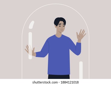 Social distancing concept, a young male worried Asian character leaning on the glass dome wall, depression and mental health issues