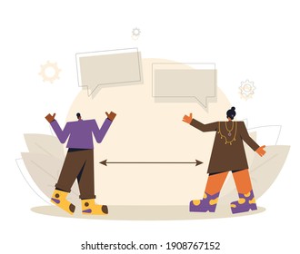Social distancing concept. Young man and woman characters talking about prevent from virus spreading. Vector flat illustration.