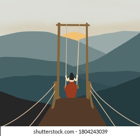 Social distancing concept.Back view of lonely girl traveler in red dress is sitting on the swing above misty mountain sunrise and sunset time.Hyper-local travel, Road trip,getaway, natural environment