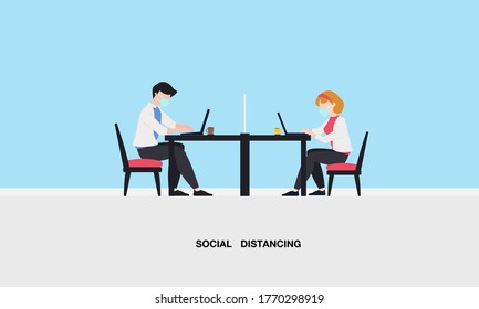 social distancing concept,People are working together on desk,flat vector illustration