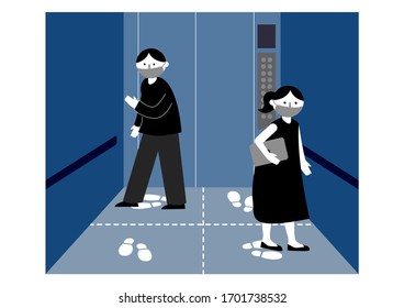 Social distancing concept.Stop Corona virus. Man and woman in elevator standing on footprint sign to avoid spreading COVID-19 coronavirus crisis. Keep distance. Stop covid-19. Public lift. Flat design