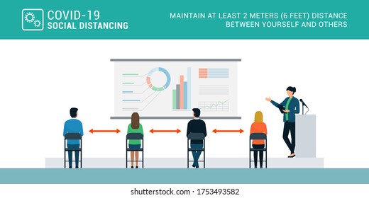 Social Distancing In A Conference Room During A Business Meeting, Coronavirus Covid-19 Prevention