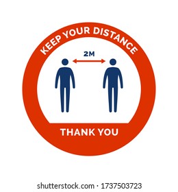 Social distancing and coronavirus covid-19 prevention: floor sticker sign with stick figures and 2 meters safety distance