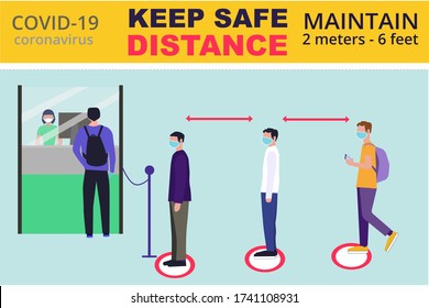 Prevención del distanciamiento social y del coronavirus 19: mantener una distancia segura de otros en oficinas públicas y bancos. Medidas preventivas. Se puede usar para afiches, pancartas, diseño de sitios web, medios sociales.